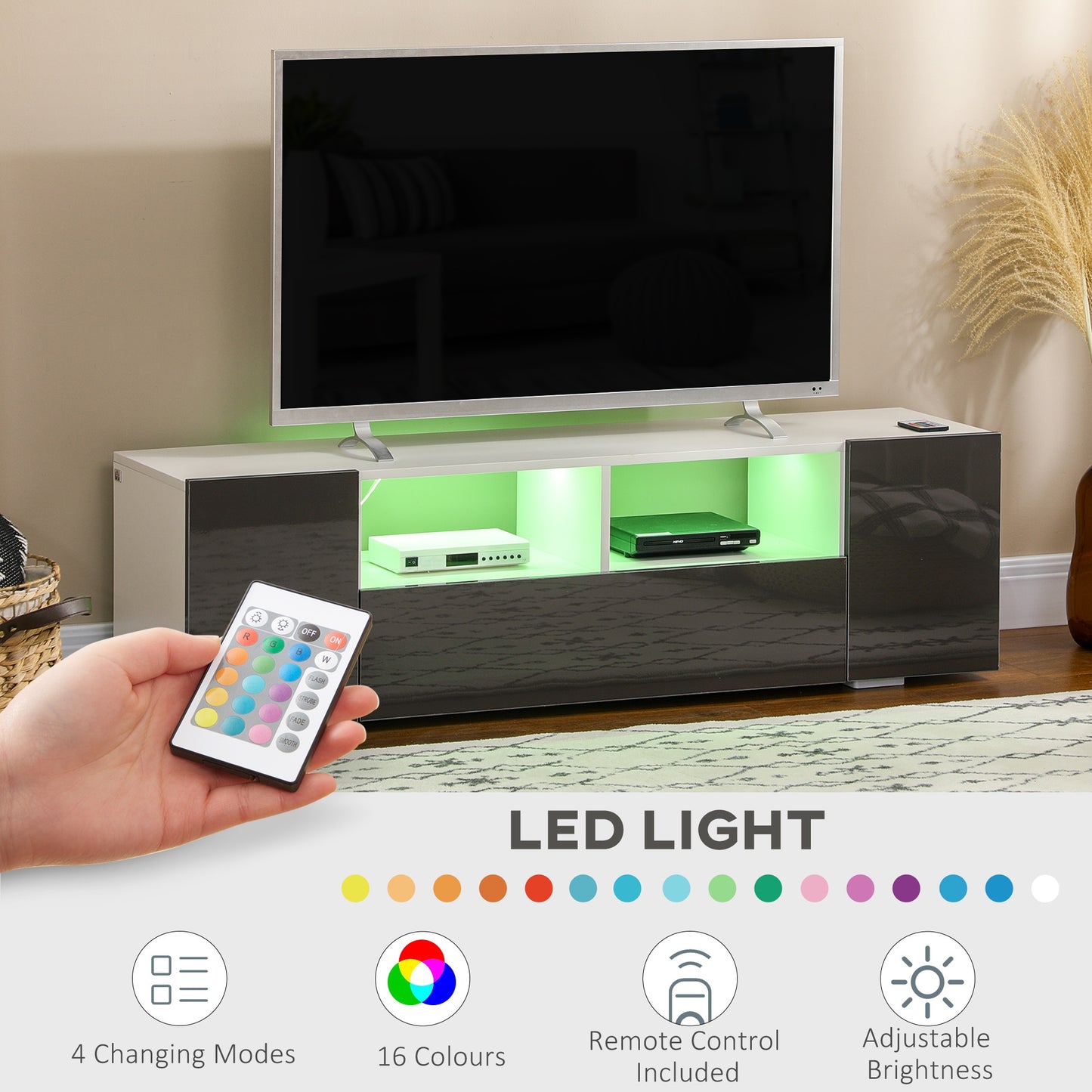 HOMCOM Modern Grey High-Gloss TV Stand with LED Lighting