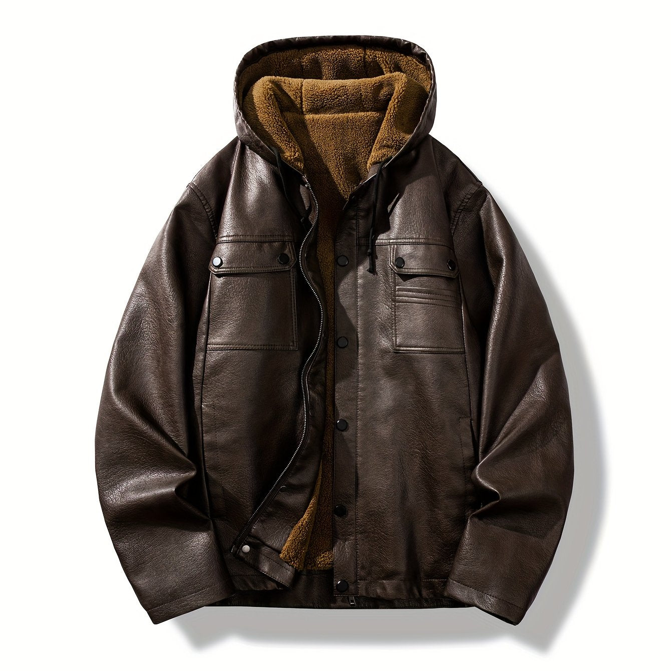 Men's Leather Jacket Windproof & High Quality Winter Coat, Full-Zip Hooded Collar.