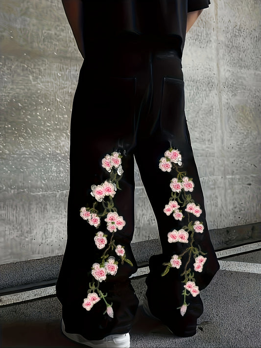 Men's Black Floral Jeans .