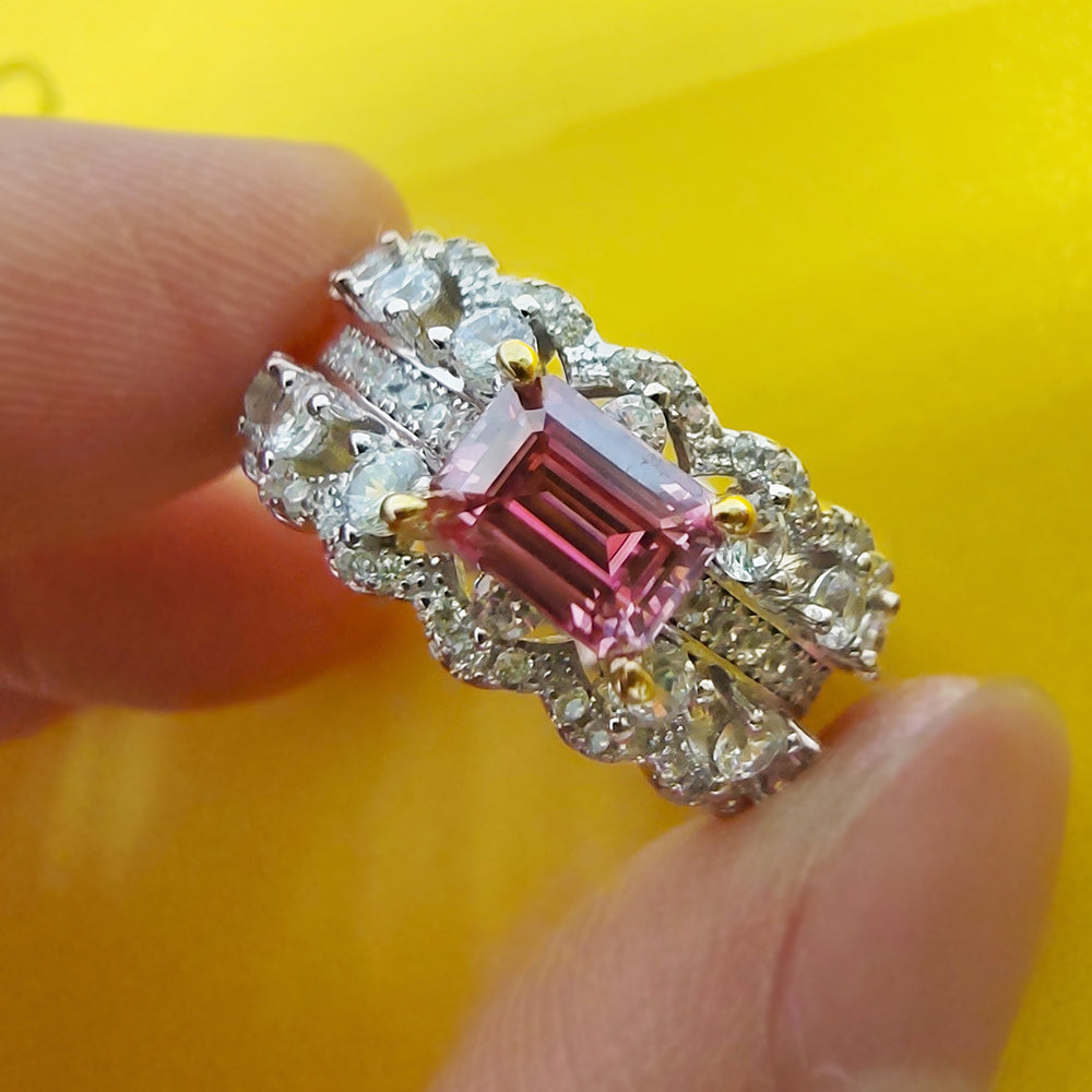 1 carat emerald cut pink Moissanite wedding band .