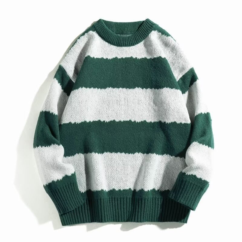 Winter Contrast Color Striped Round Neck Sweater Men