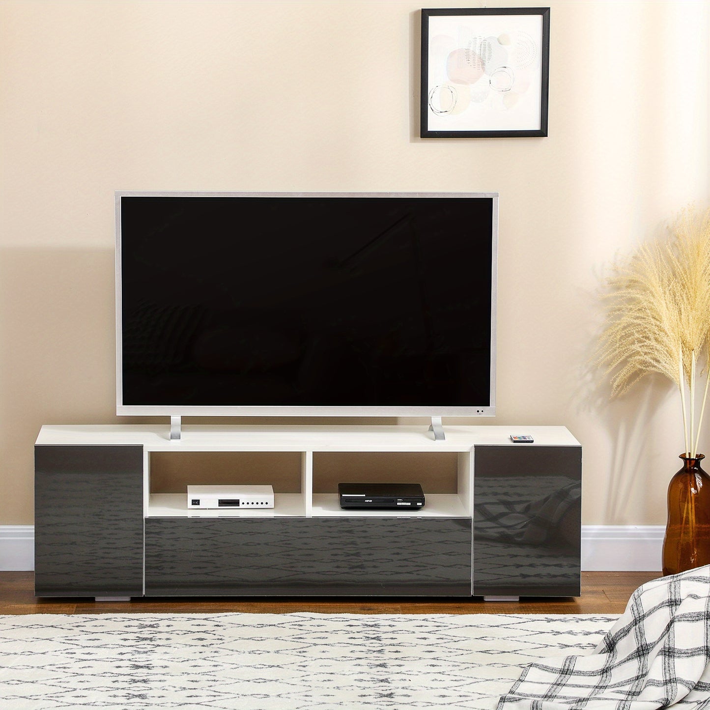 HOMCOM Modern Grey High-Gloss TV Stand with LED Lighting