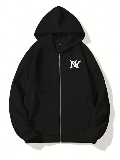 Men'S Black Hooded Zip-Up Sweatshirt with NYC Graphic