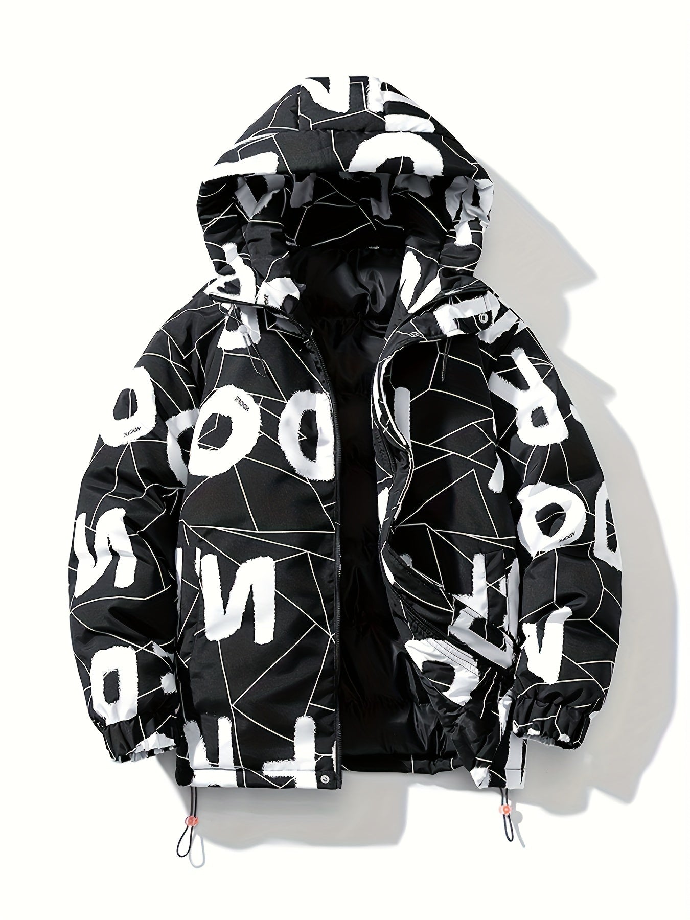 Men'S Black Hooded Cotton Jacket with White Letter Print .