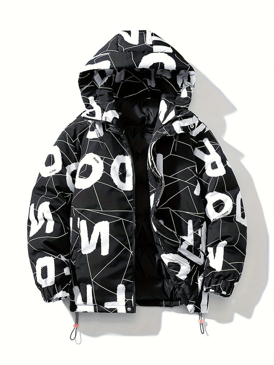Men'S Black Hooded Cotton Jacket with White Letter Print .