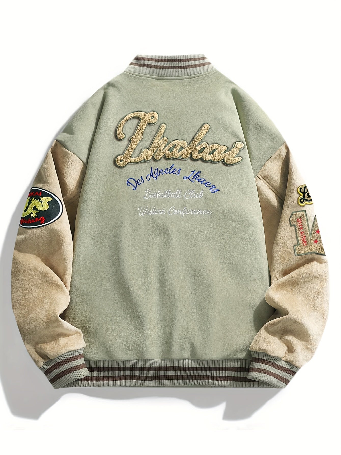 Black & Beige Men's Embroidered Letter Baseball Jacket .