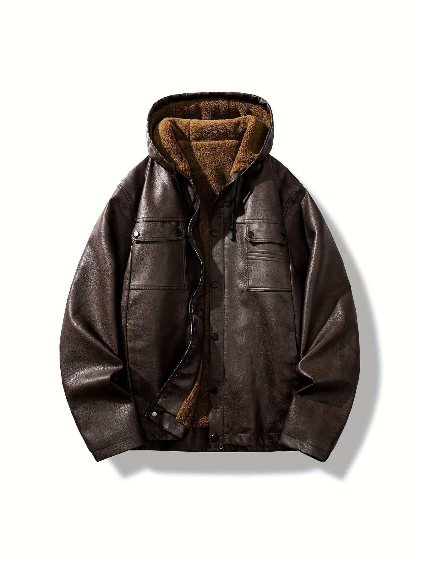Men's  Leather  Jacket  Windproof & High Quality Winter Coat, Full-Zip Hooded Collar.