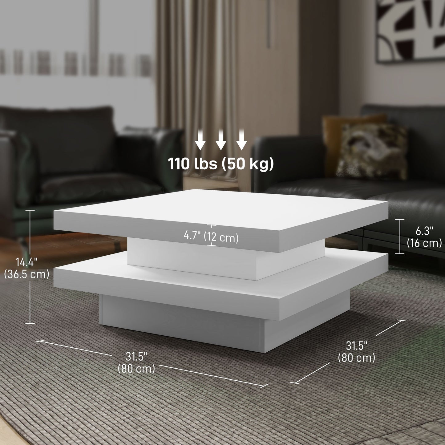 LED Coffee Table 2-Tier Square Center Table with 7 LED Lights Remote