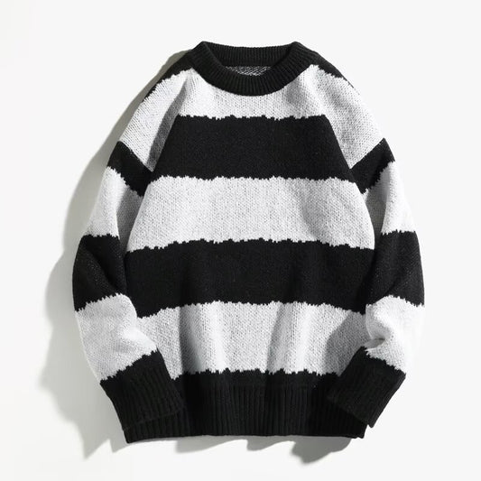 Winter Contrast Color Striped Round Neck Sweater Men