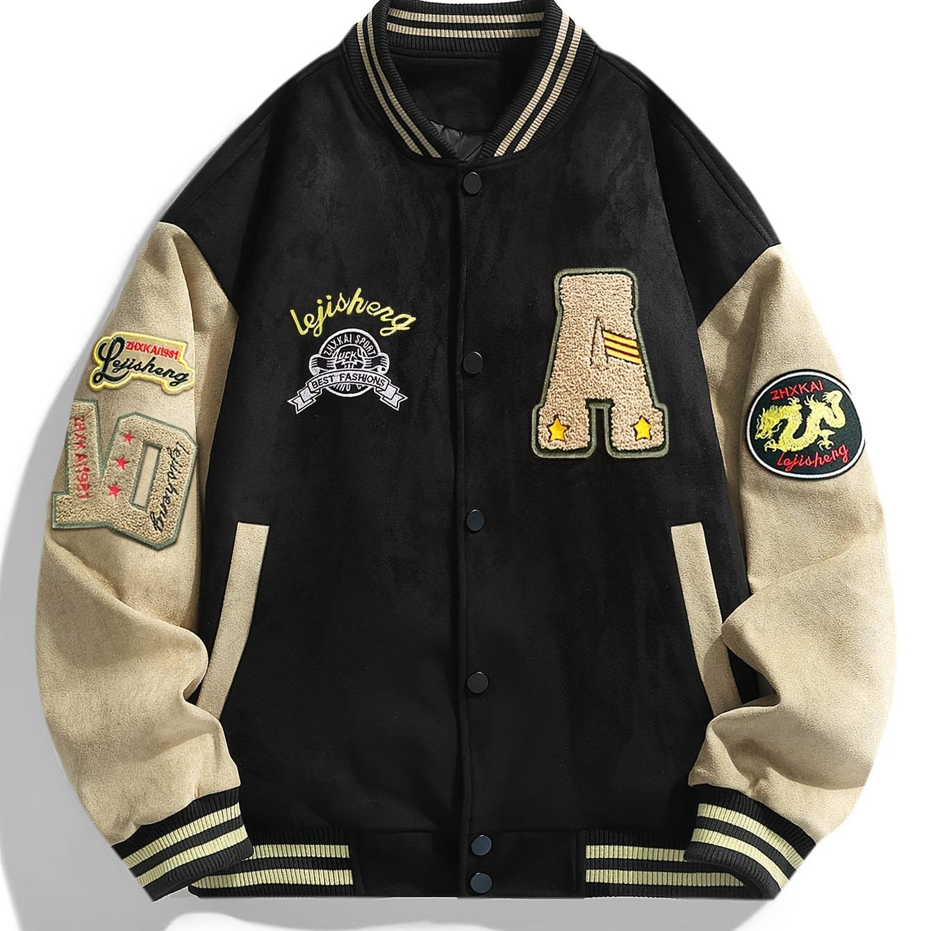 Black & Beige Men's Embroidered Letter Baseball Jacket .