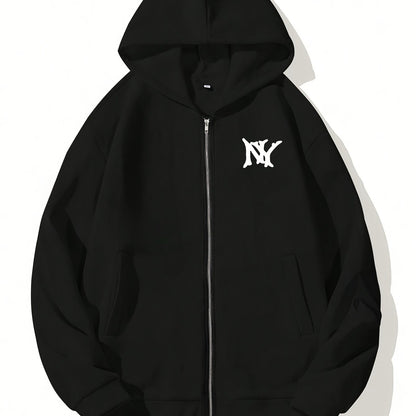 Men'S Black Hooded Zip-Up Sweatshirt with NYC Graphic
