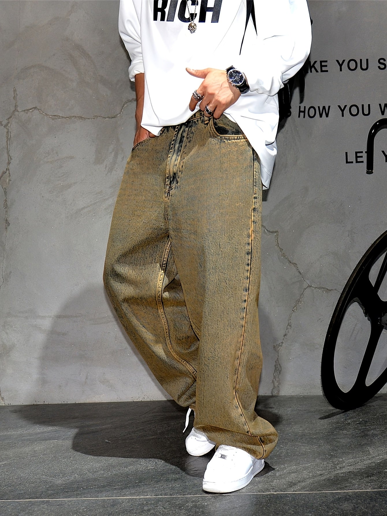 Men's Casual Loose Fit Wide  Jeans, Street Style Blend Denim Pants .