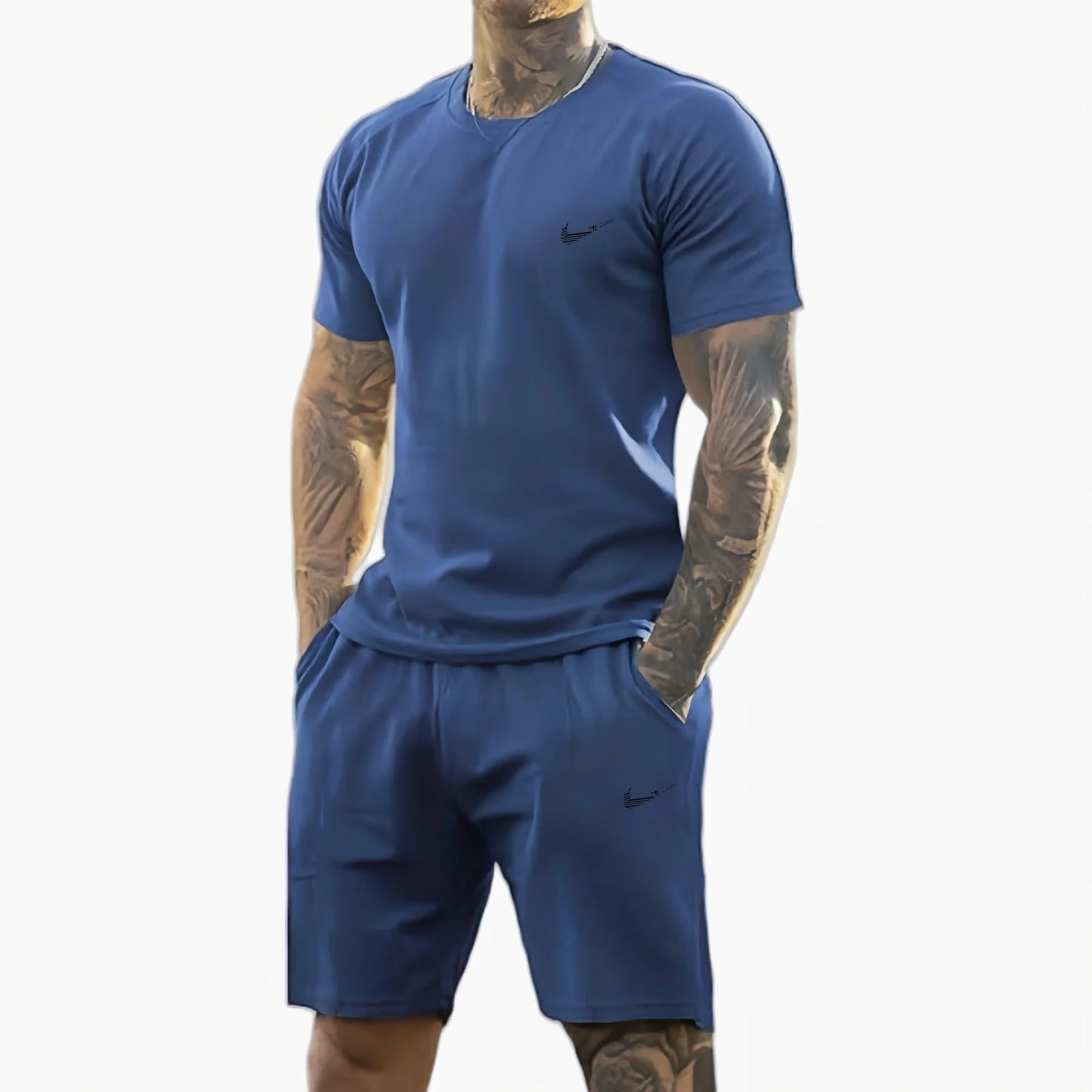 men's printed short-sleeved T-shirt + shorts suit .