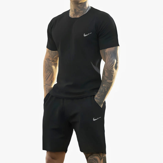 men's printed short-sleeved T-shirt + shorts suit .