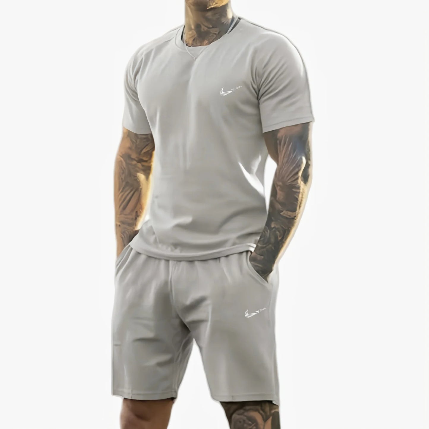 men's printed short-sleeved T-shirt + shorts suit .