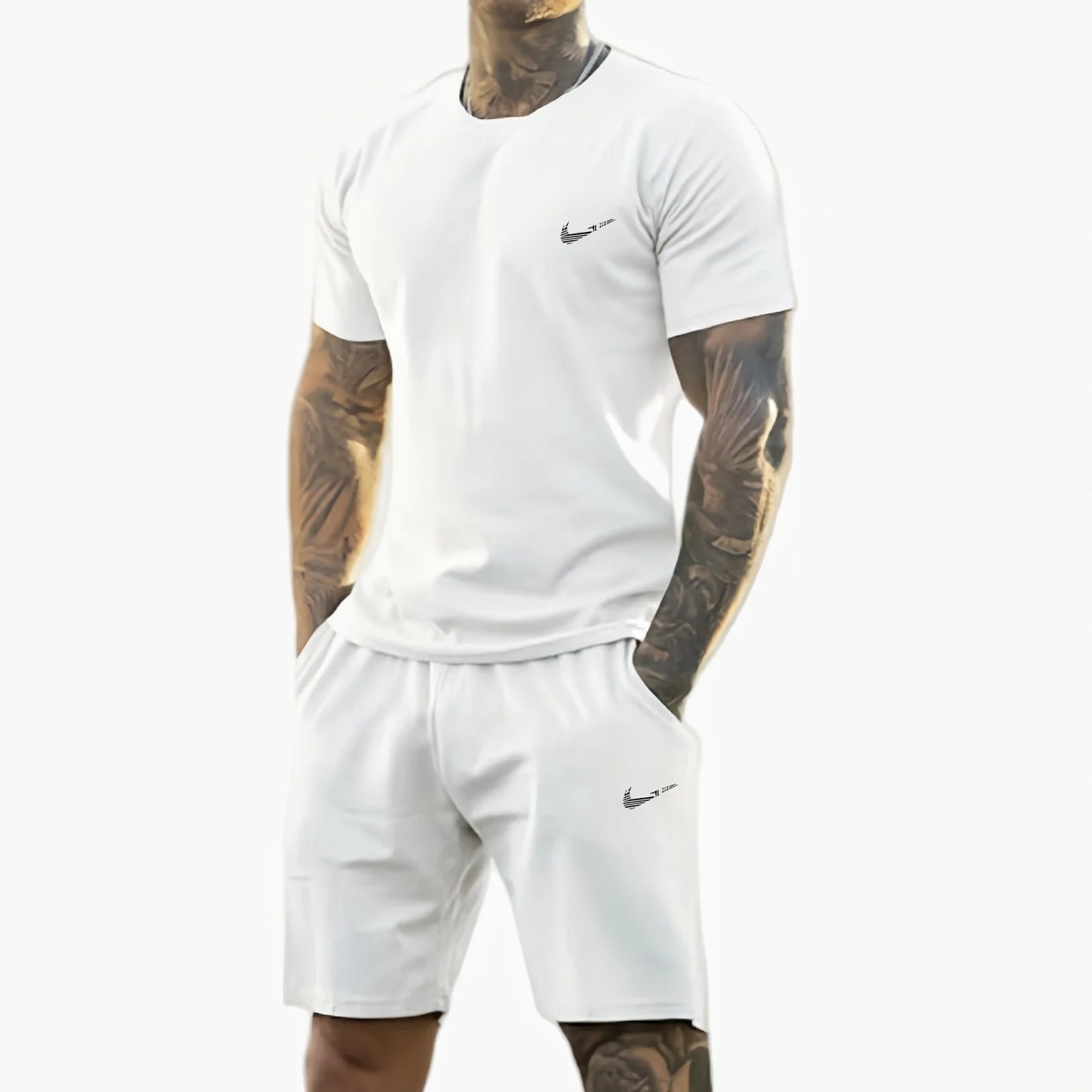 men's printed short-sleeved T-shirt + shorts suit .
