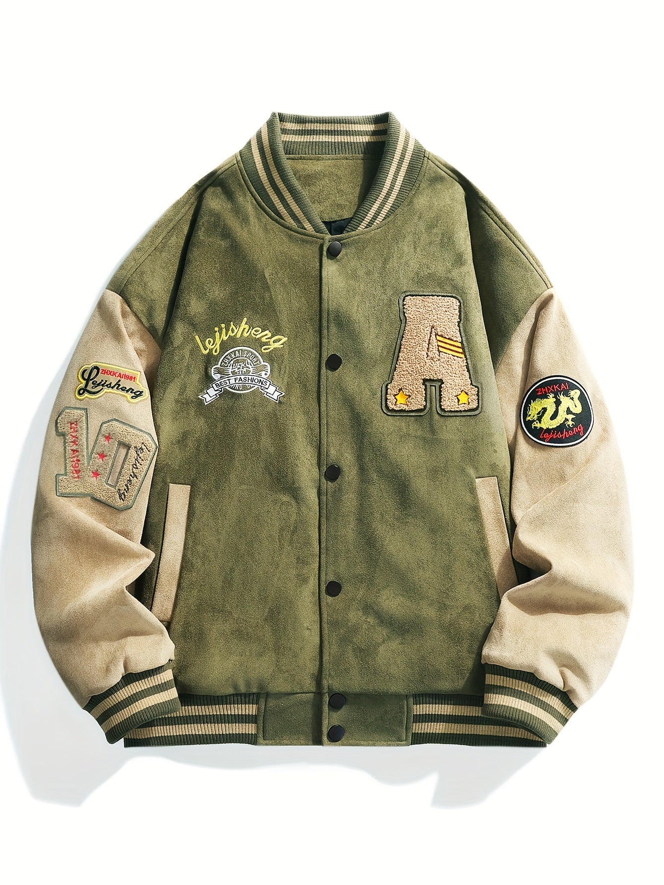 Black & Beige Men's Embroidered Letter Baseball Jacket .