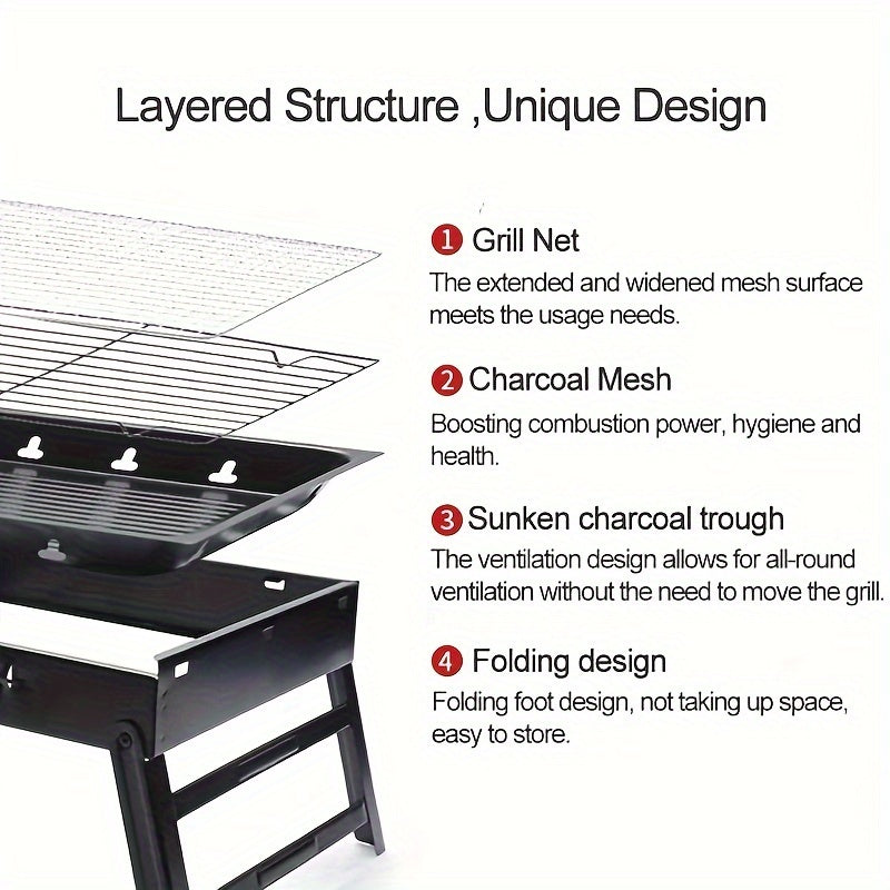 17" Folding Portable BBQ Charcoal Grill - Compact Tabletop Mini Smoker - Small Outdoor Grill for Travel Backyard Picnic Beach