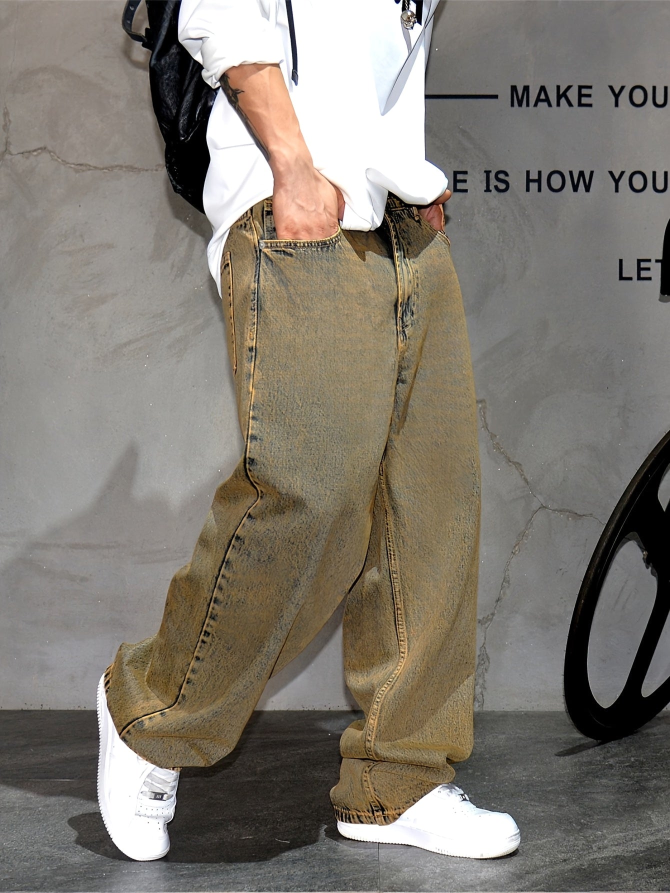 Men's Casual Loose Fit Wide  Jeans, Street Style Blend Denim Pants .