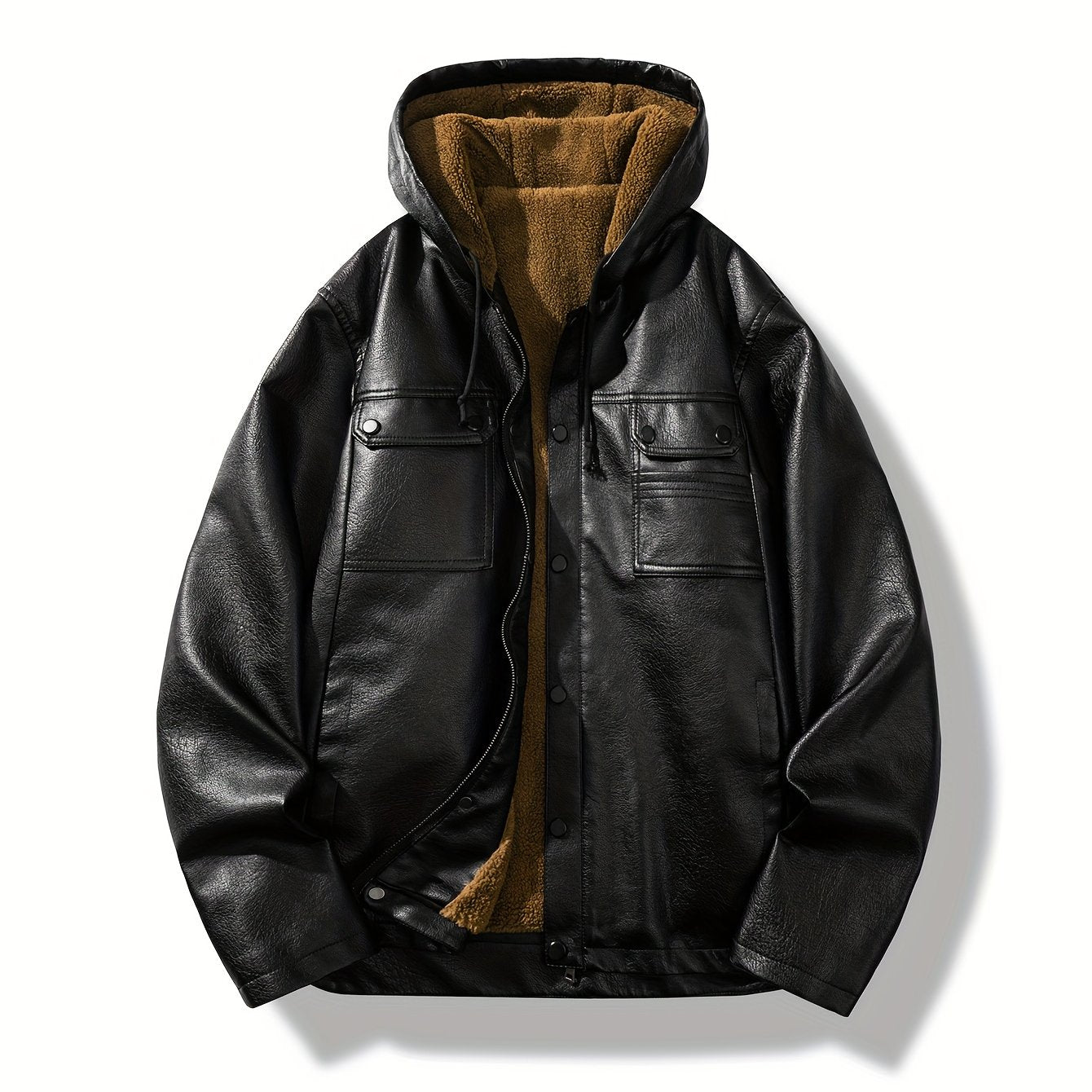 Men's  Leather  Jacket  Windproof & High Quality Winter Coat, Full-Zip Hooded Collar.