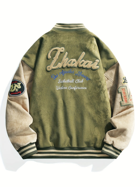 Black & Beige Men's Embroidered Letter Baseball Jacket .