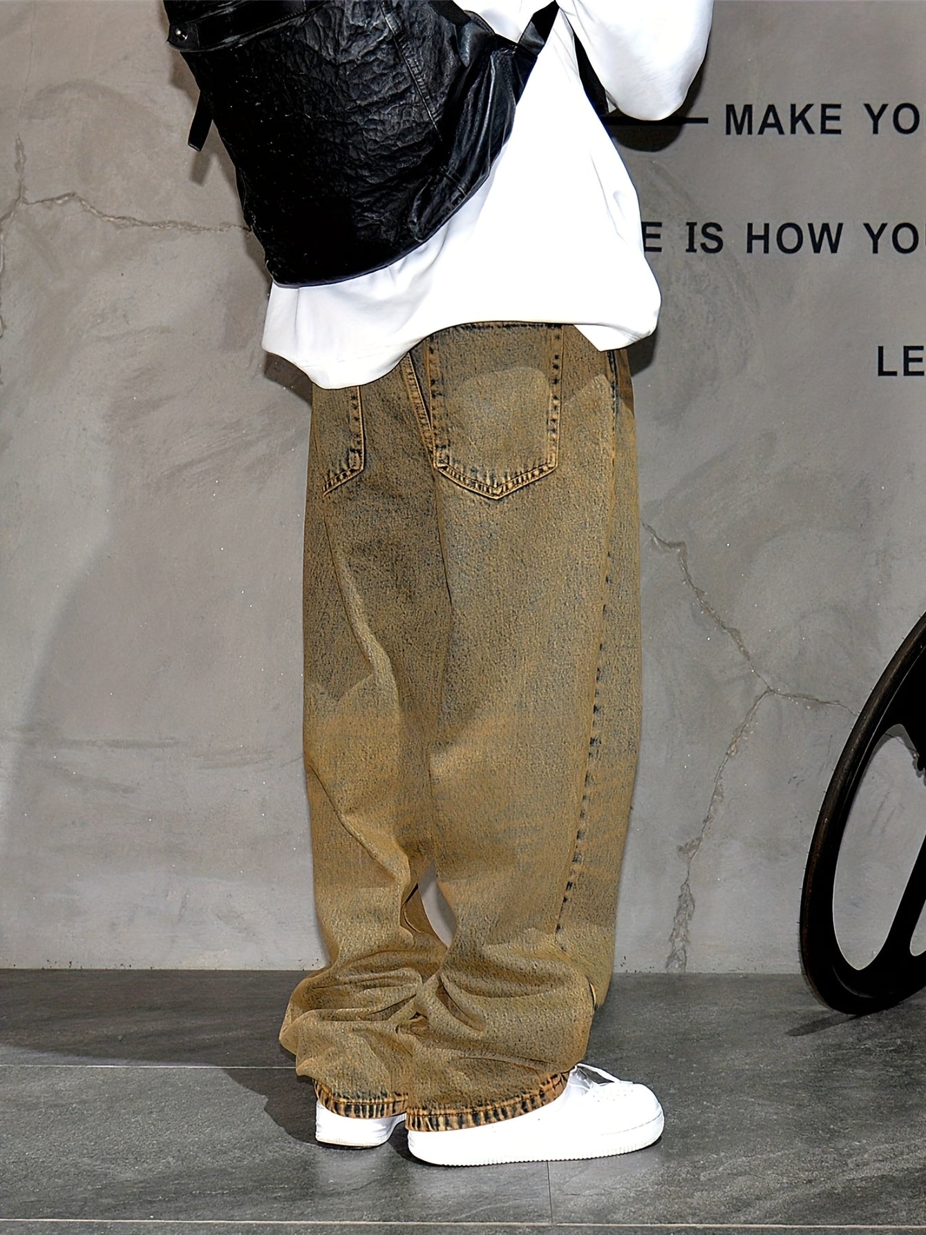 Men's Casual Loose Fit Wide  Jeans, Street Style Blend Denim Pants .