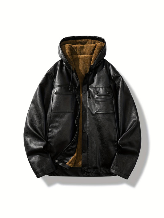 Men's  Leather  Jacket  Windproof & High Quality Winter Coat, Full-Zip Hooded Collar.