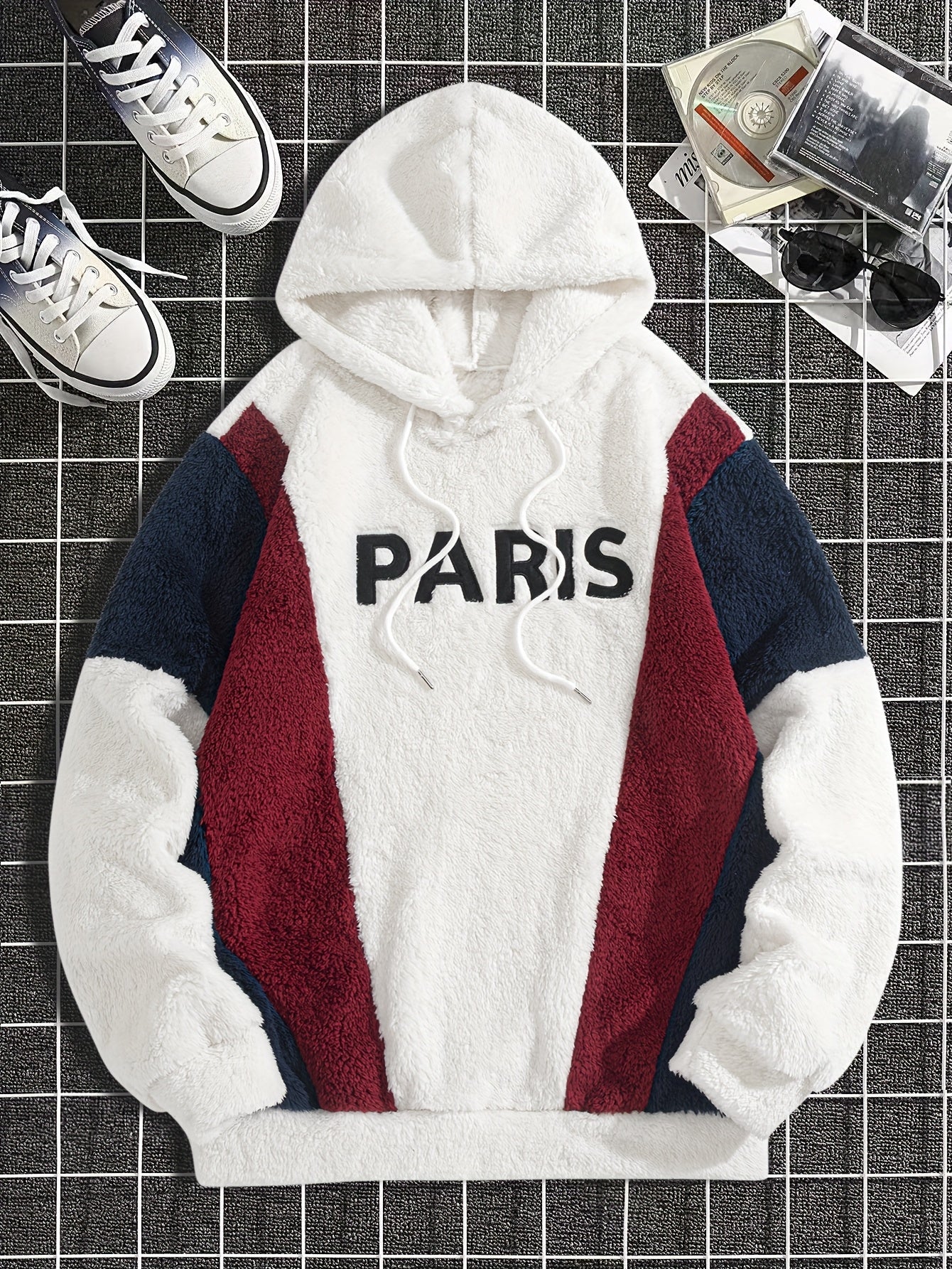 1pc Plush Hoodie - Soft Warm Pullover Sweatshirt with Paris Lettering.