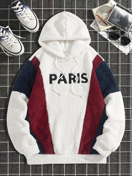 1pc Plush Hoodie - Soft Warm Pullover Sweatshirt with Paris Lettering.