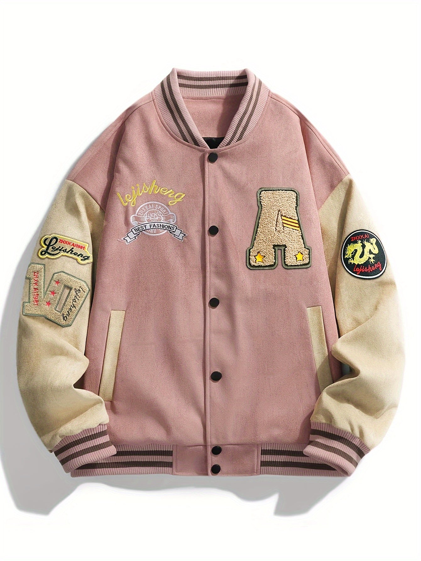 Black & Beige Men's Embroidered Letter Baseball Jacket .