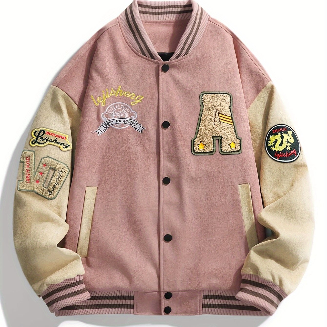 Black & Beige Men's Embroidered Letter Baseball Jacket .