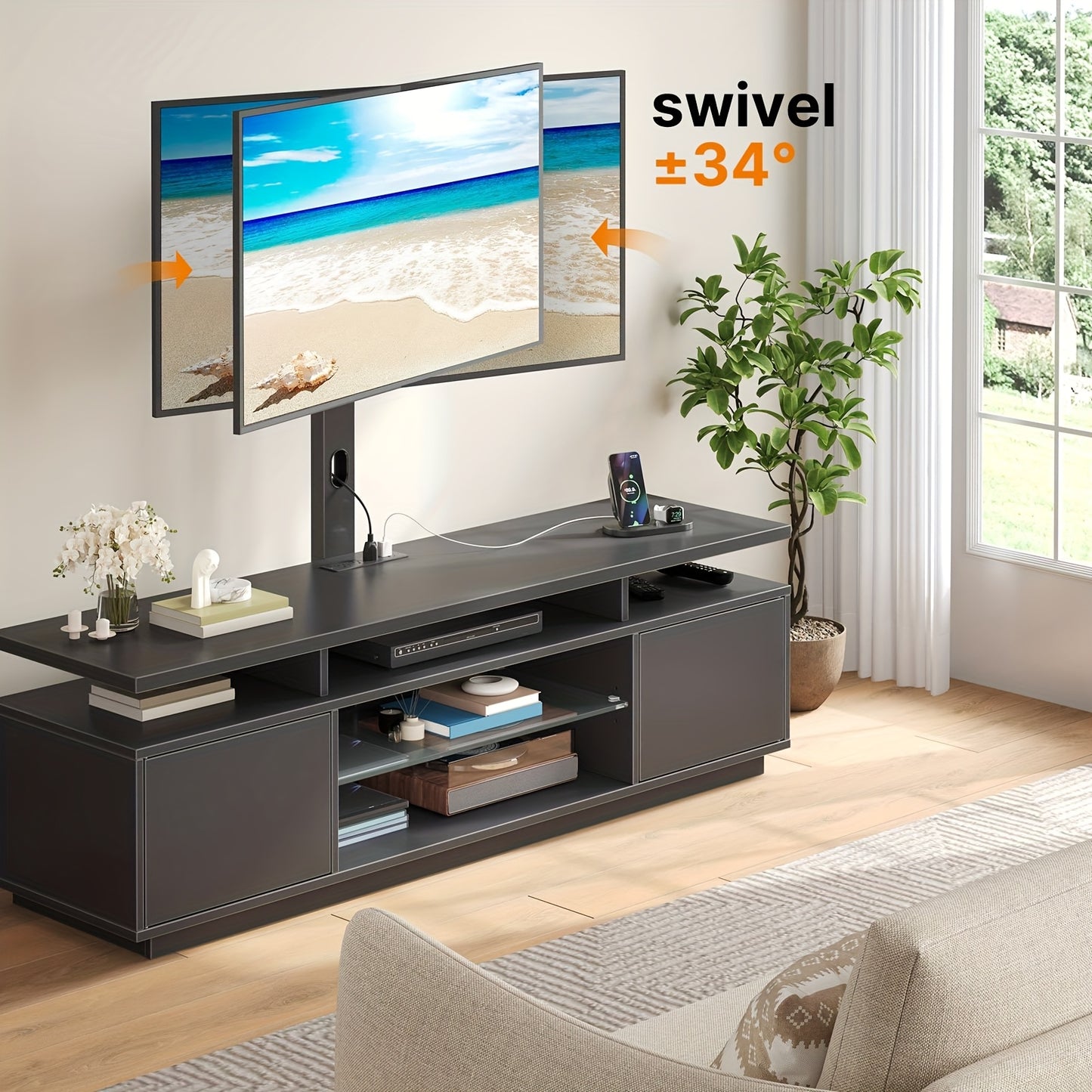 Heavy-Duty Modern TV Stand with Rotating Base .