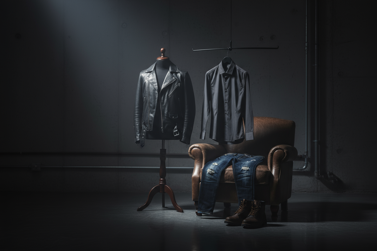 Generate a creative background image showing masculine clothes , in a dark room with a little white light showing the clothes , make the photo in small dimensions so that all the pictures will fit exactly the same
